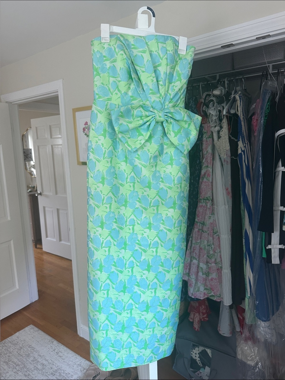 NWT Lily Pulitzer Strapless Bow-Front Floral Midi Dress in Mint & Aqua